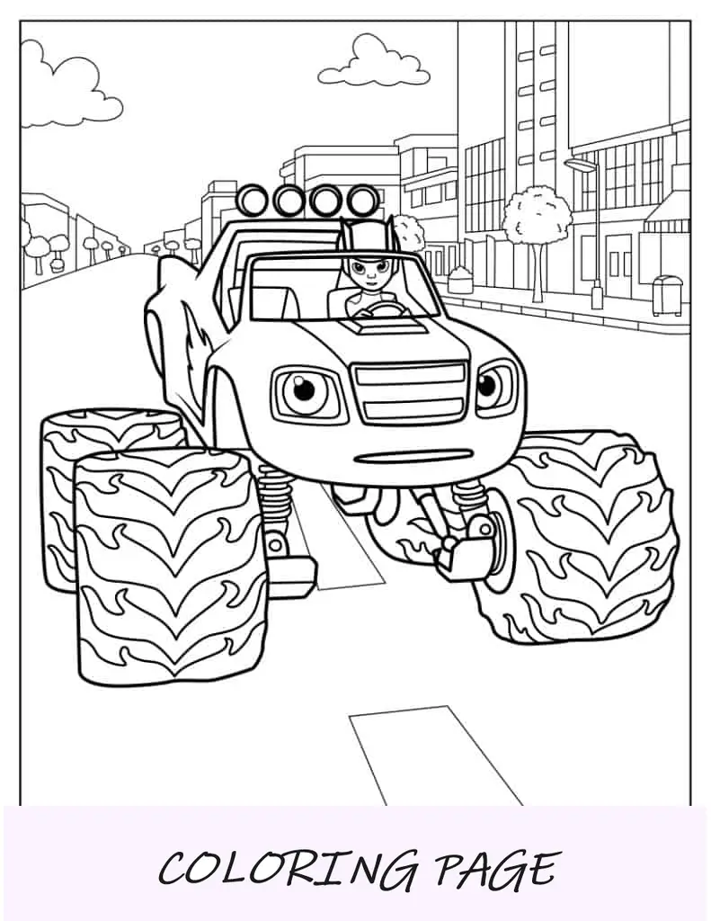 Página para colorir de AJ Driving Blaze na cidade