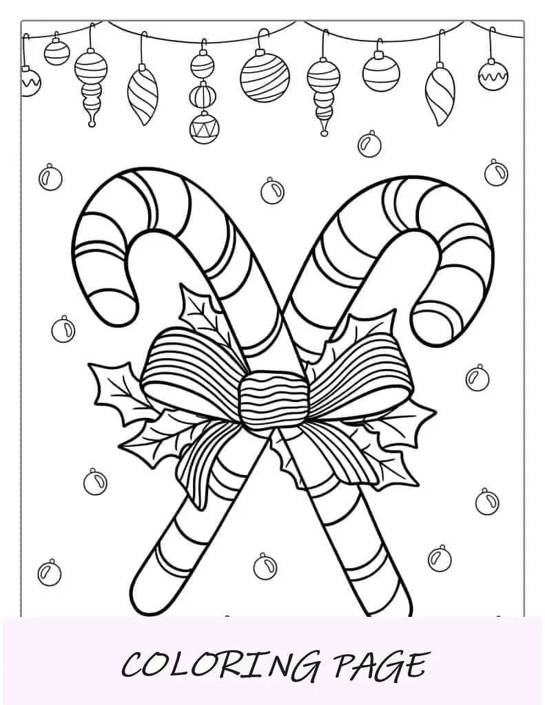 Bastones de caramelo y adornos navideños para colorear.
