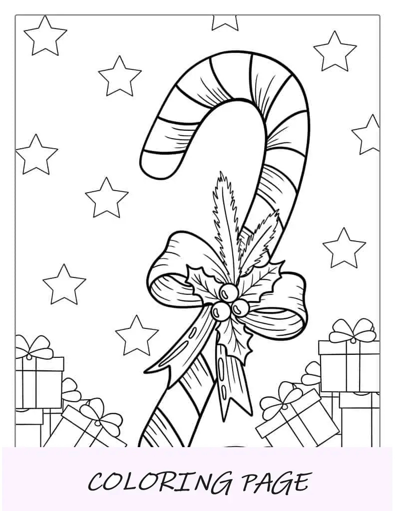 Bastón De Caramelo Con Regalos De Navidad Para Colorear