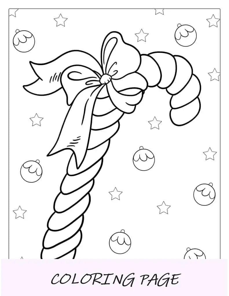 Página para colorear de bastón de caramelo con cinta