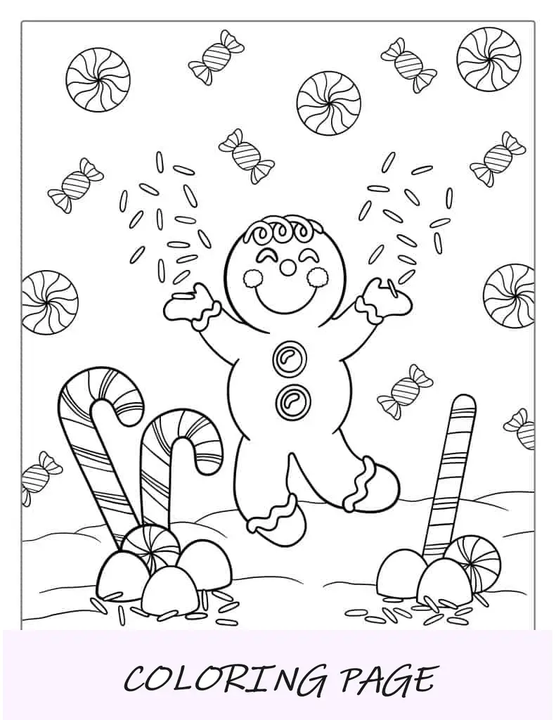 Hombre de jengibre feliz con bastones de caramelo para colorear