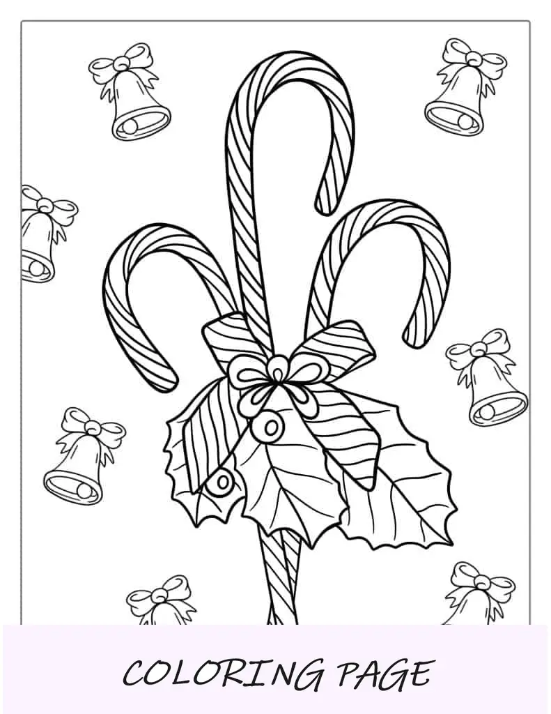 Bastón De Caramelo Navideño Con Campanas Para Colorear