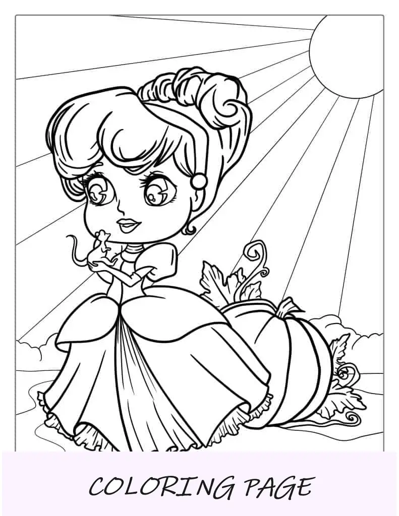 Página para colorir do estilo Kawaii Cinderela