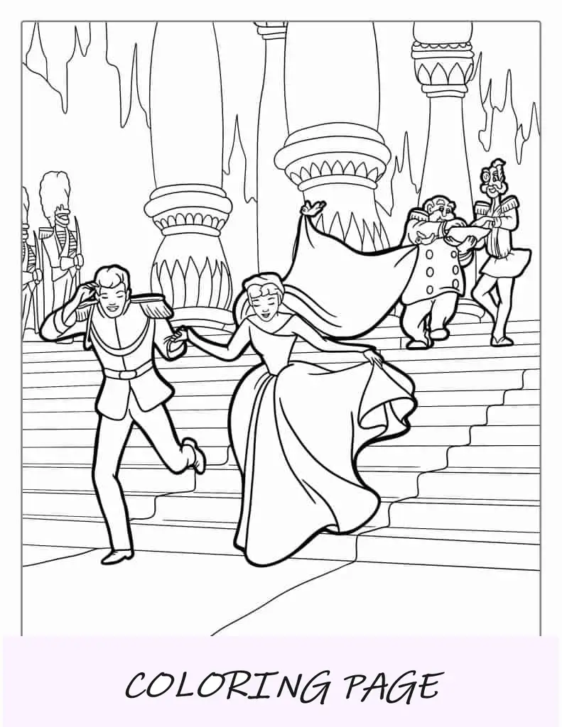 Página para colorir do dia do casamento da Cinderela