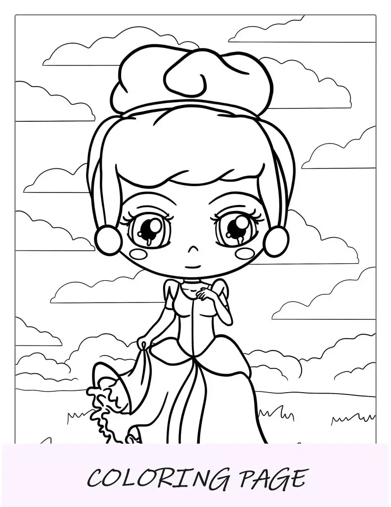 Imagem para colorir da Cinderela com tema Kawaii