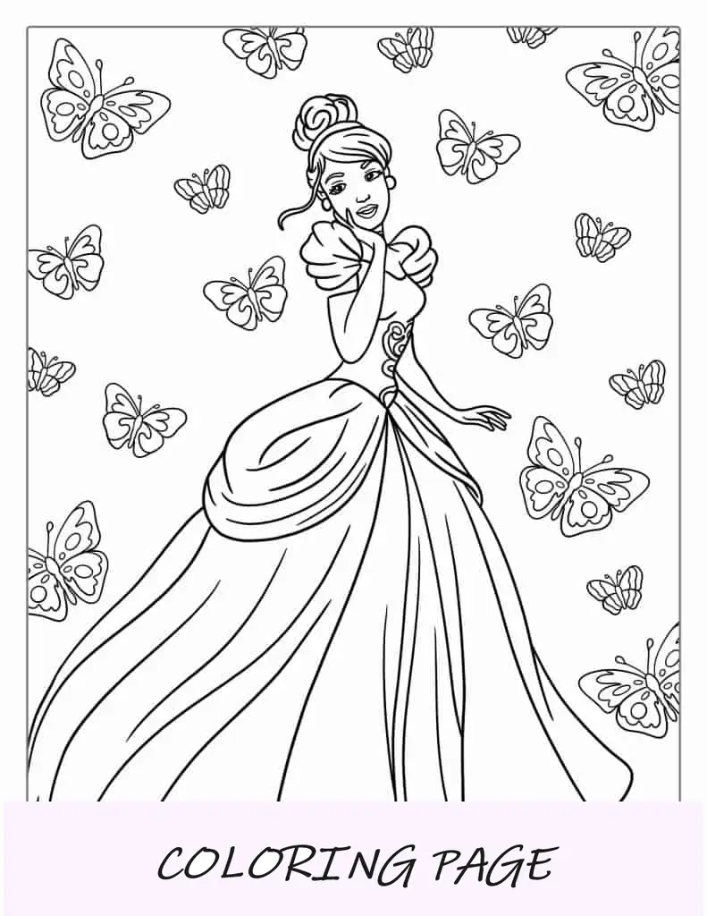 Página para colorir da princesa Cinderela com fundo de borboleta