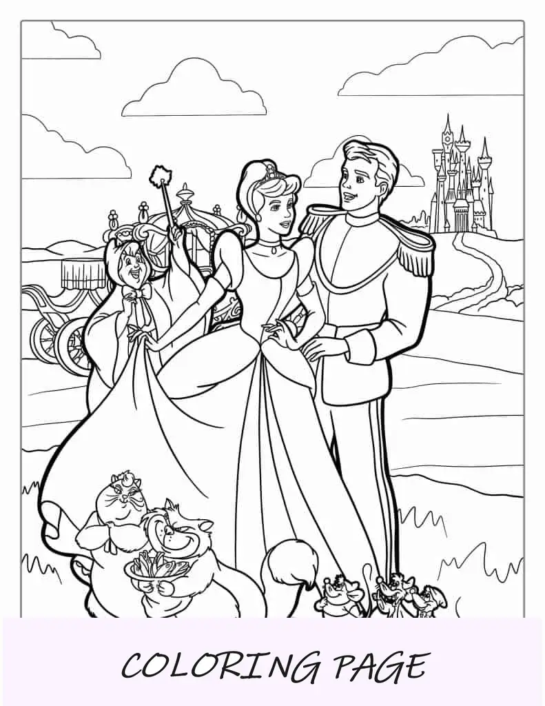 Folha para colorir da Cinderela e do Príncipe Encantado para crianças