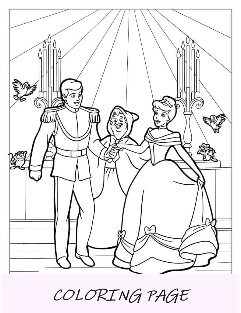 Página para colorir do casamento da Cinderela