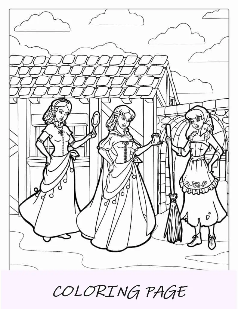 Desenho para colorir da Cinderela e das irmãs feias
