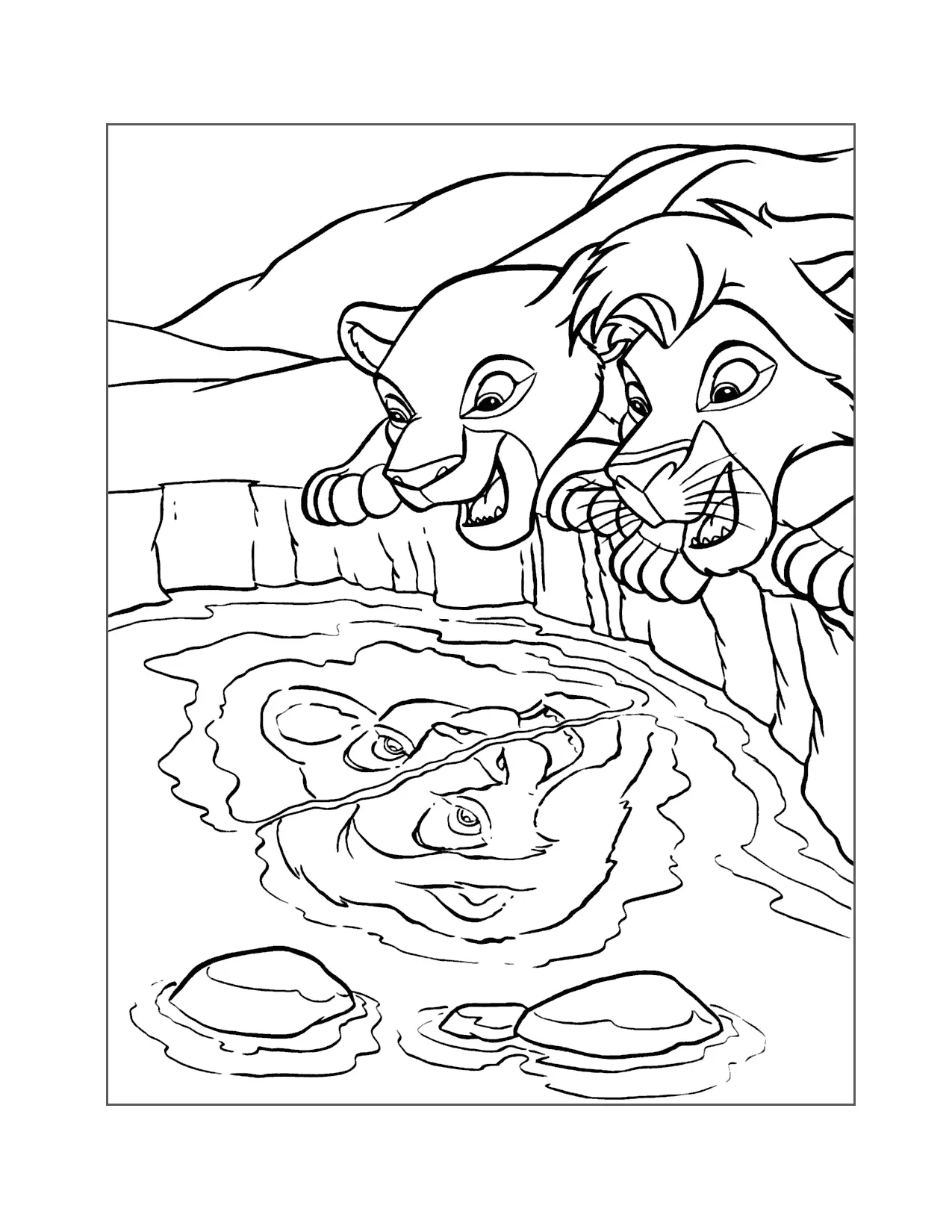Nala And Simba See Their Reflection Coloring Page