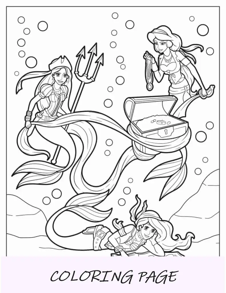 Página para colorir de sereias de Rapunzel, Jasmine e Ariel