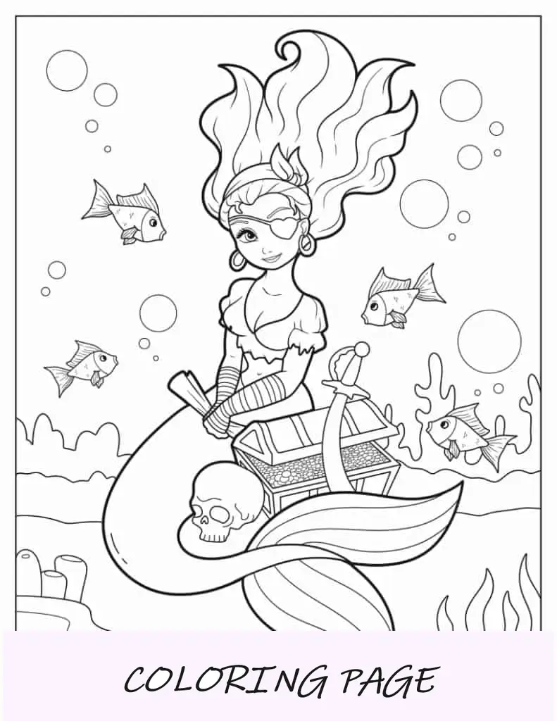 Sereia pirata com baú de tesouro