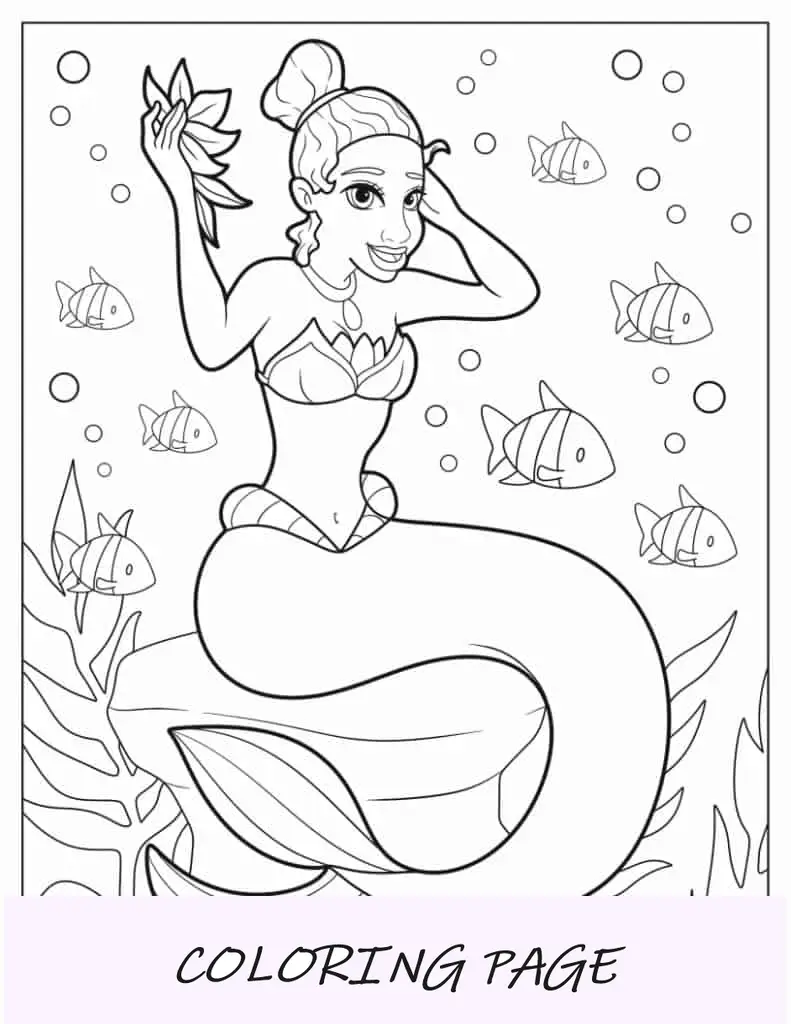 Página para colorir da princesa sereia Tiana
