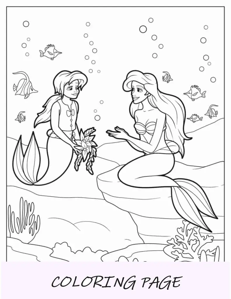 Folha para colorir Melodia da sereia e Ariel no mar