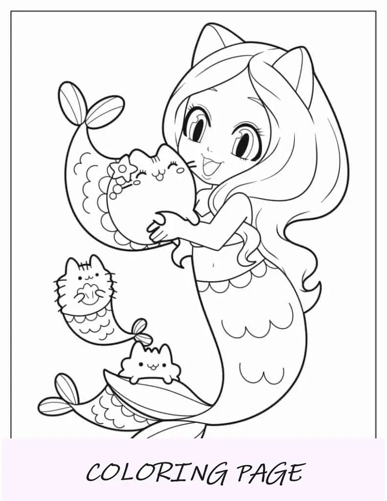 Menina sereia com gatos sereia para colorir
