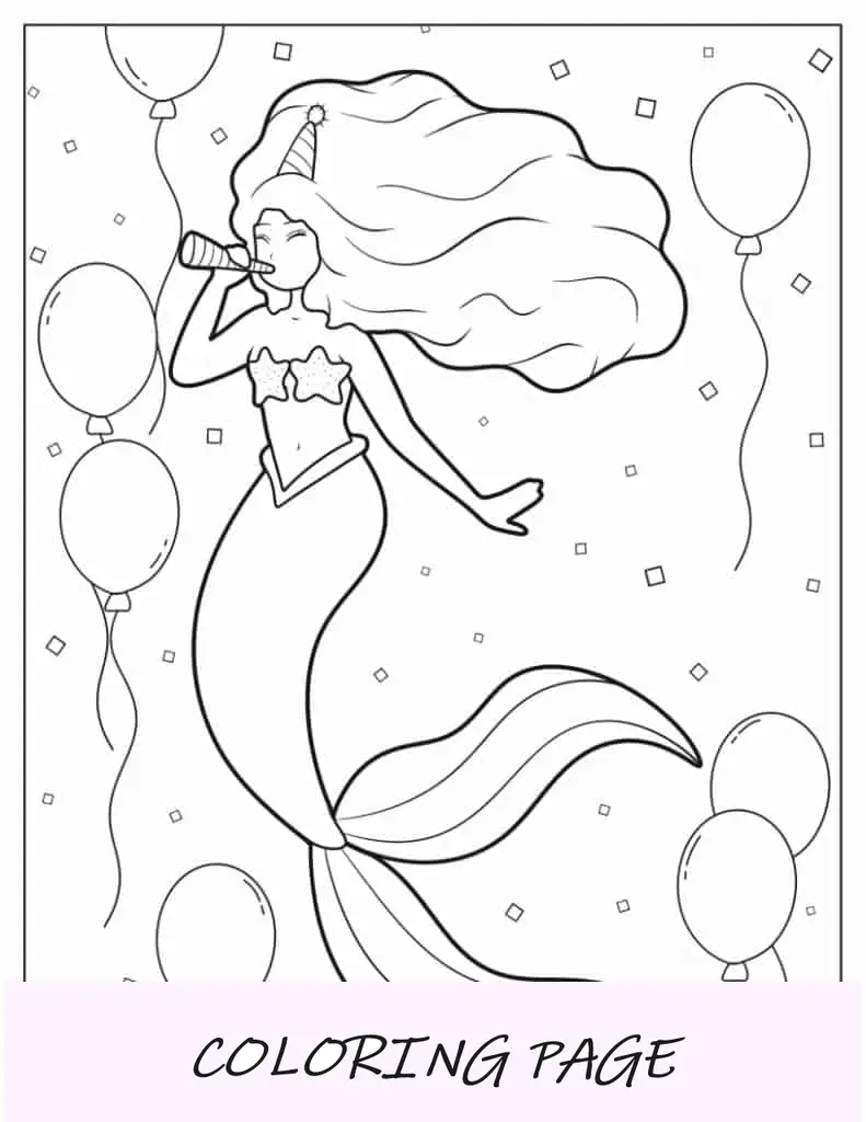 Folha para colorir feliz aniversário sereia com balões
