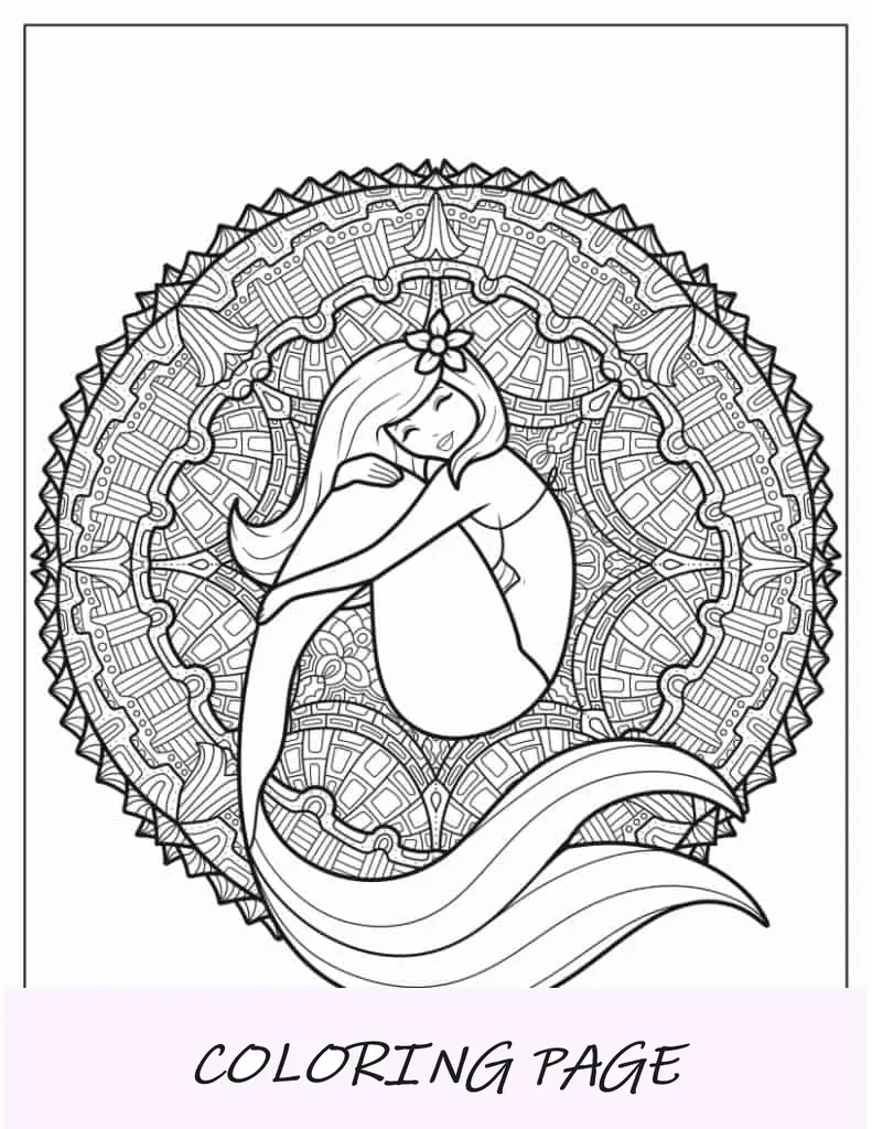 Folha detalhada para colorir mandala de sereia