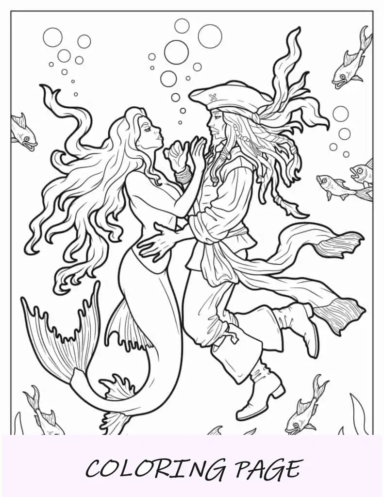 Página para colorir detalhada de Jack Sparrow com sereia no fundo do mar