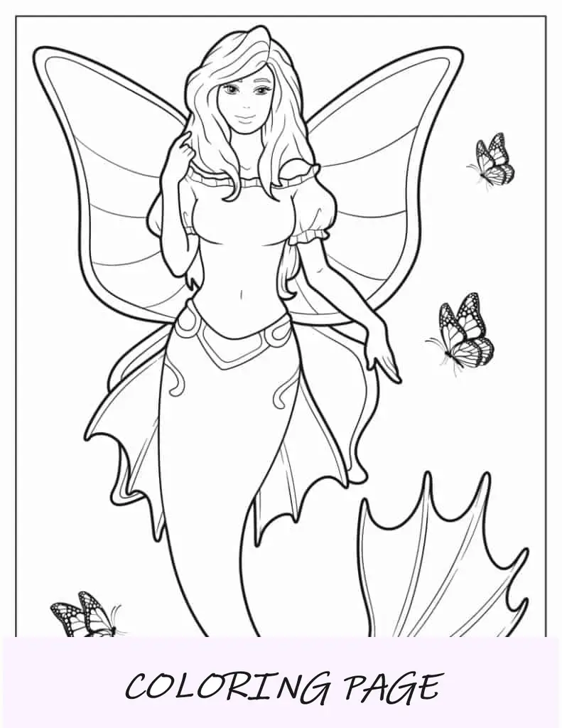 Página para colorir de sereia borboleta