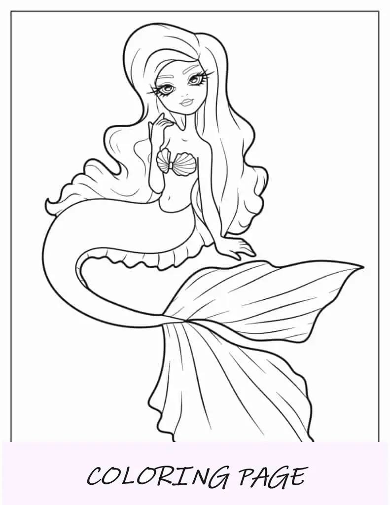 Folha para colorir com contorno de sereia fofa