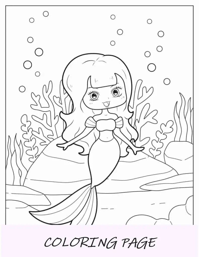 Sereia Kawaii fofa em recife de coral