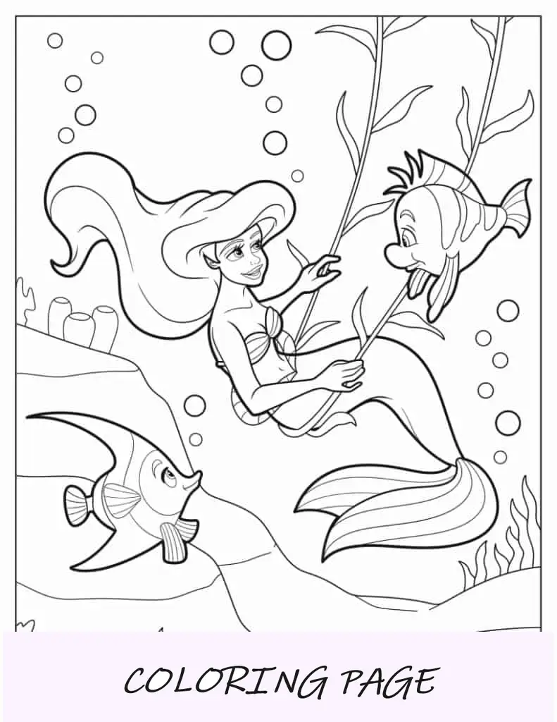 Folha para colorir de Ariel e linguados no fundo do mar