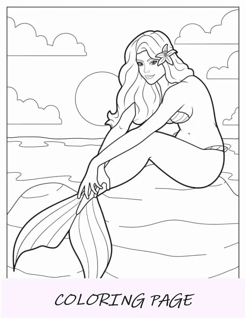 Página para colorir de sereia realista sentada em uma pedra