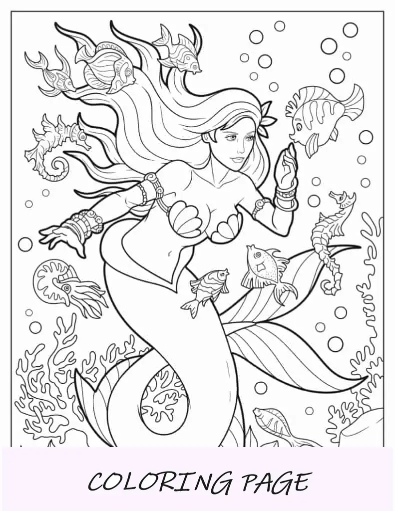 Página para colorir de Ariel realista com linguados