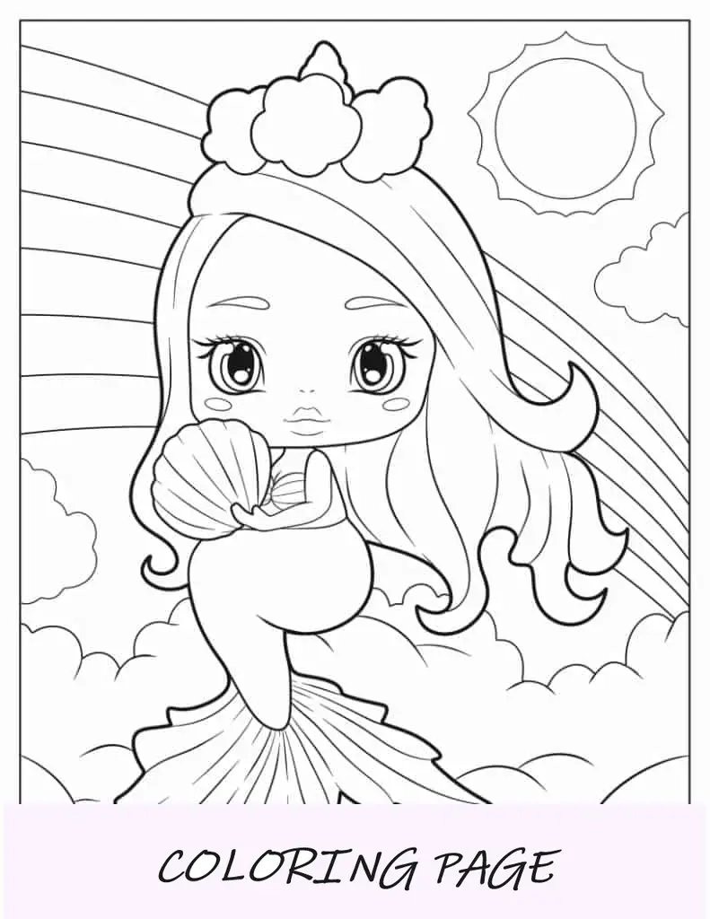 Página para colorir da sereia nas nuvens
