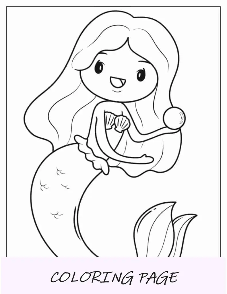 Página para colorir de sereia segurando pérola
