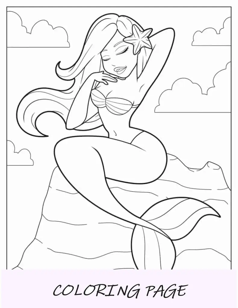 Página para colorir de sereia curtindo a brisa