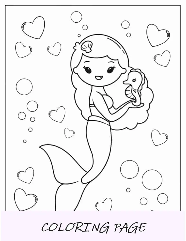 Sereia simples segurando um cavalo marinho para colorir