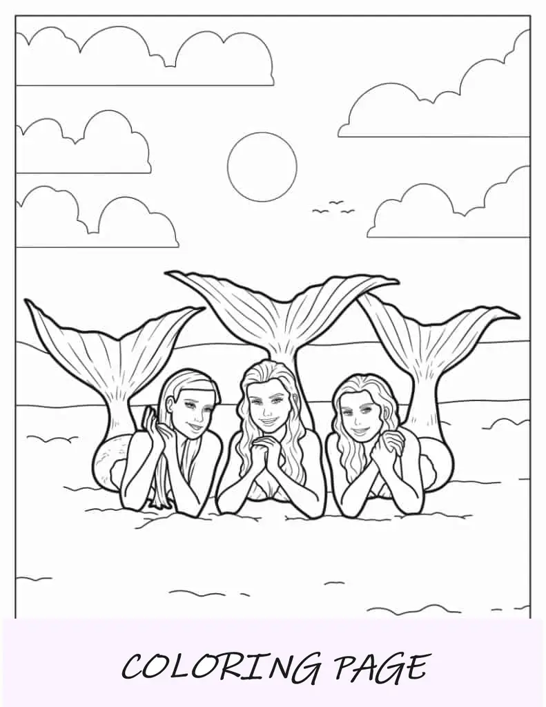 Sereias realistas na praia para colorir