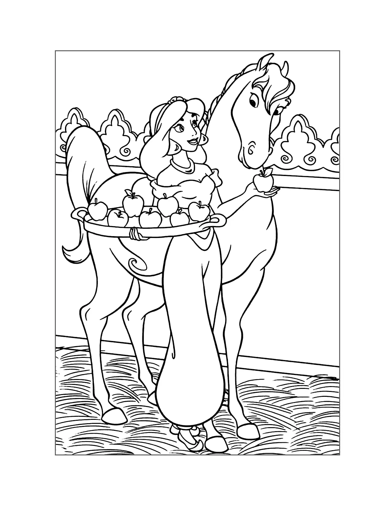 Princess Jasmine Feeds Apples To A Horse Coloring Page