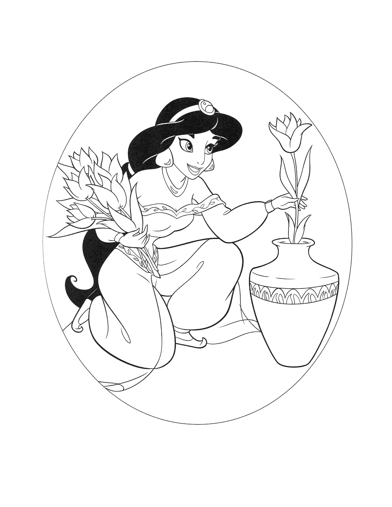 Princess Jasmine Gathers Flowers Coloring Page