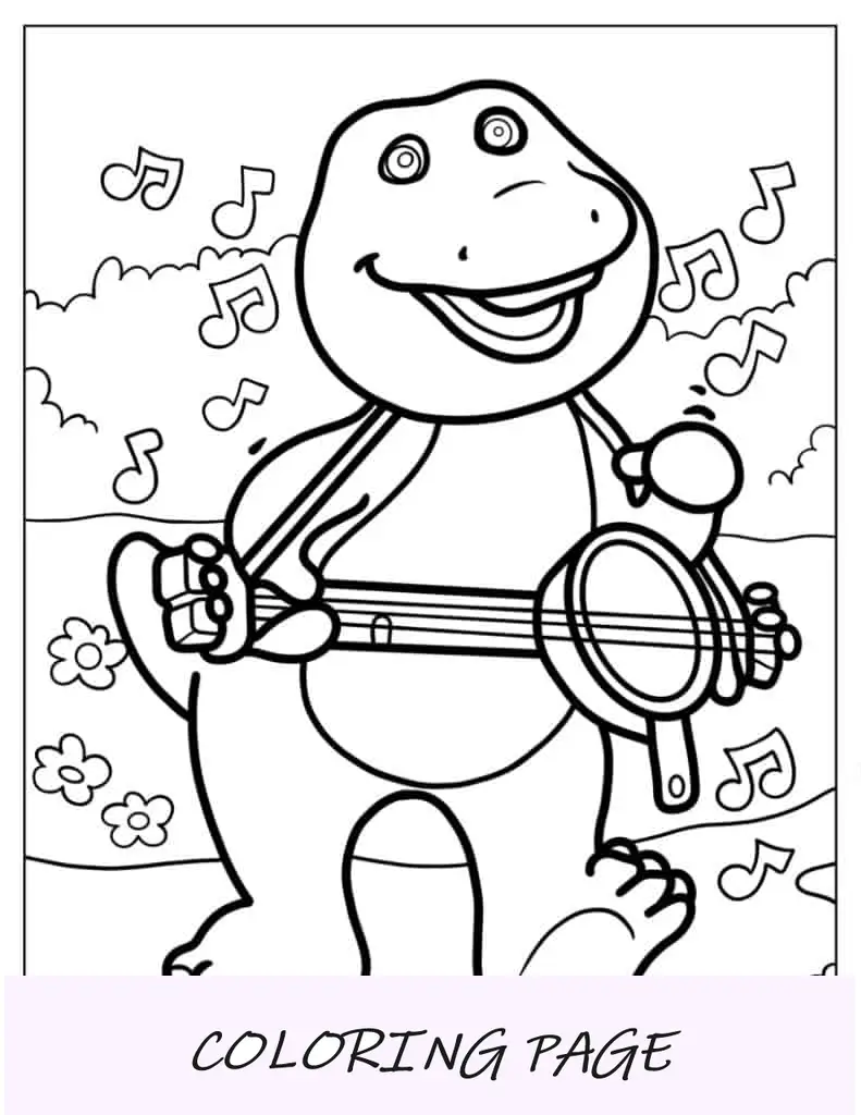 Barney cantando y tocando la guitarra para colorear