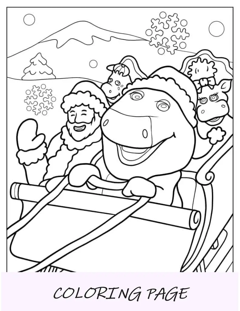 Barney y sus amigos con Papá Noel en Navidad para colorear