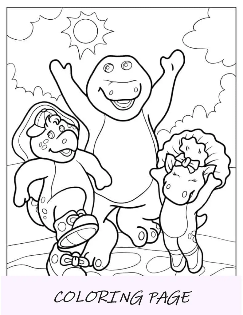Hoja para colorear de Barney, BJ y Baby Bop bajo el sol