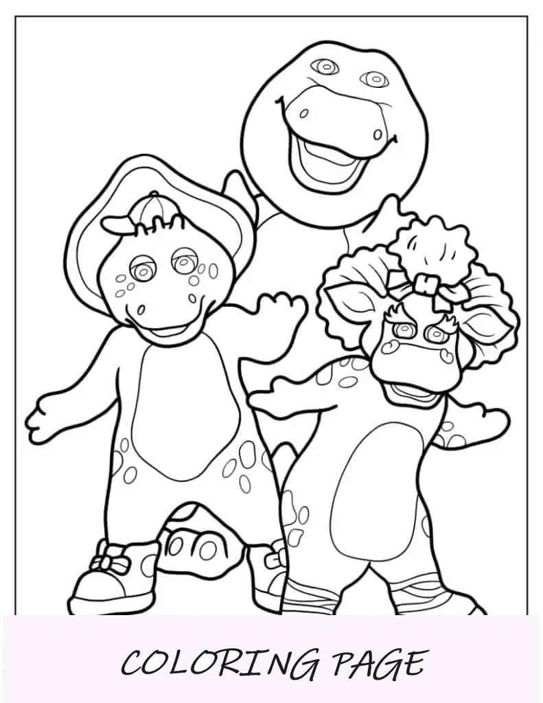 Hoja para colorear de Barney, BJ y Baby Bop haciendo una pose genial