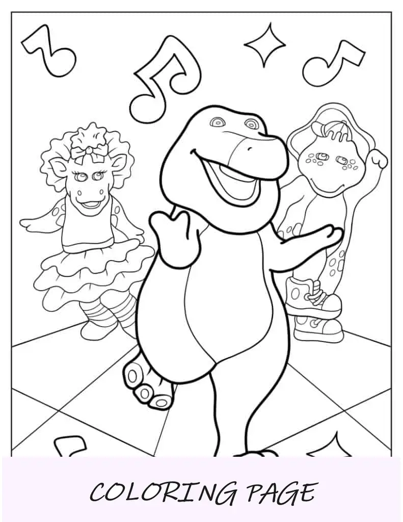 Hoja para colorear de Barney, Baby Bop y BJ cantando