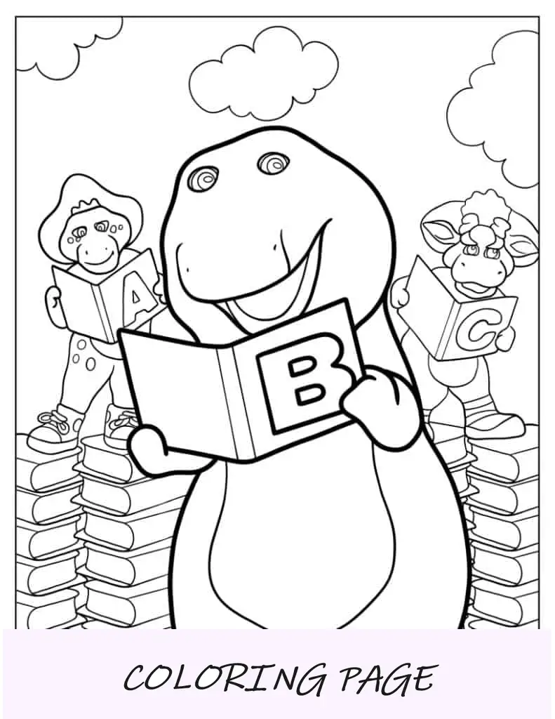 Página para colorear de Barney, Baby Bop y BJ leyendo