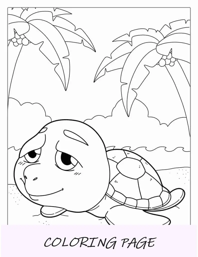 Tartaruga de desenho animado descansando na praia para colorir