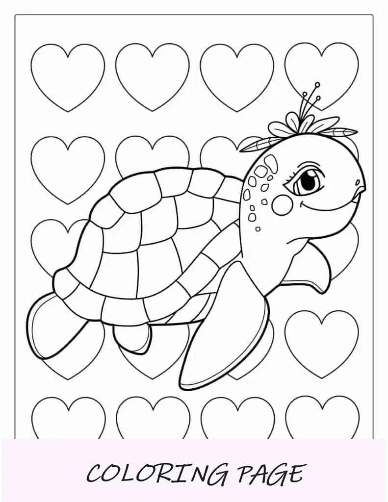 Tartaruga bebê fofa com corações de amor para colorir