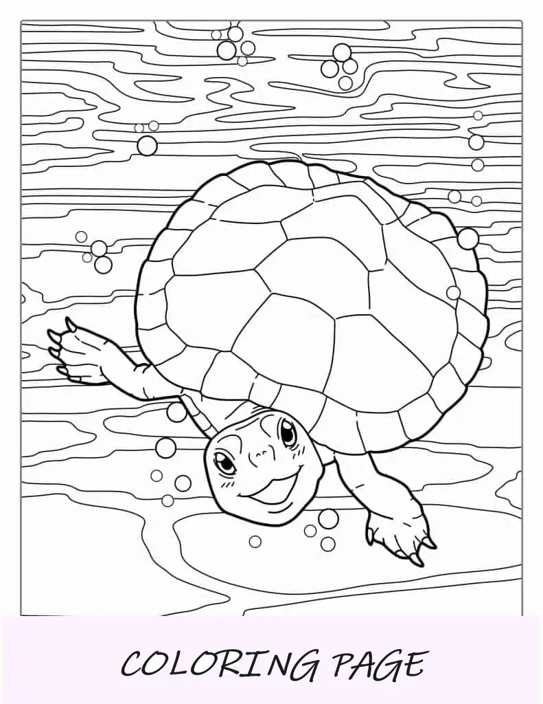 Página para colorir de tartaruga fofa debaixo d'água