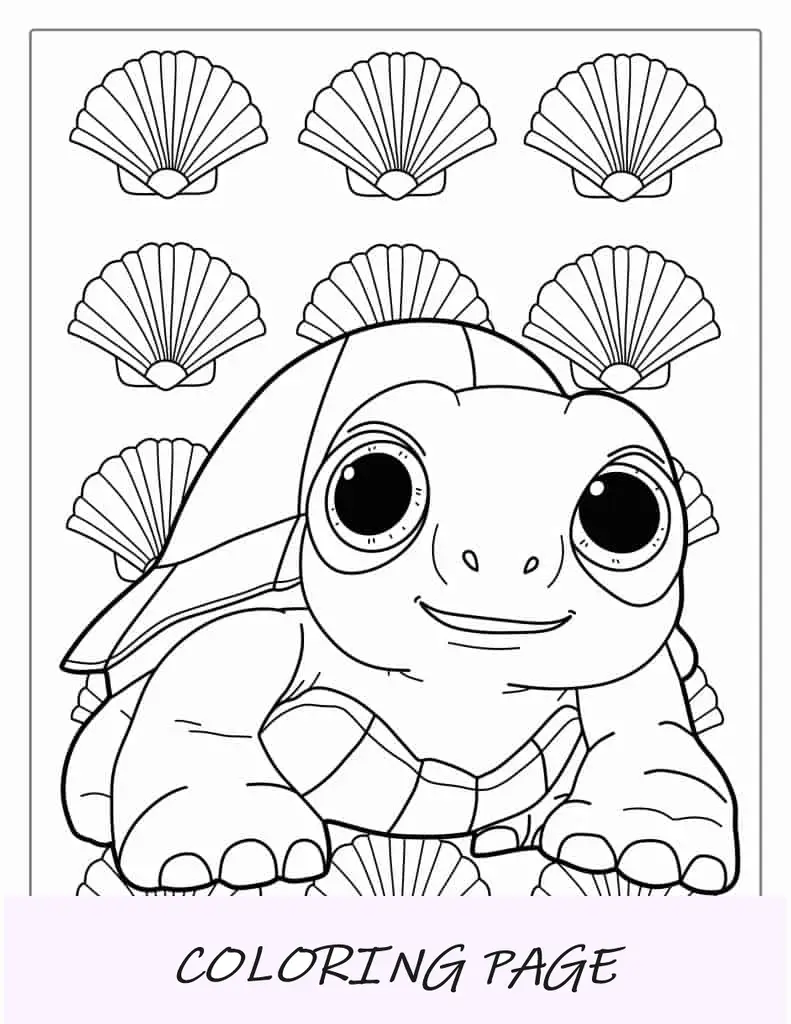 Tartaruga fofa com olhos grandes de desenho animado para colorir para crianças