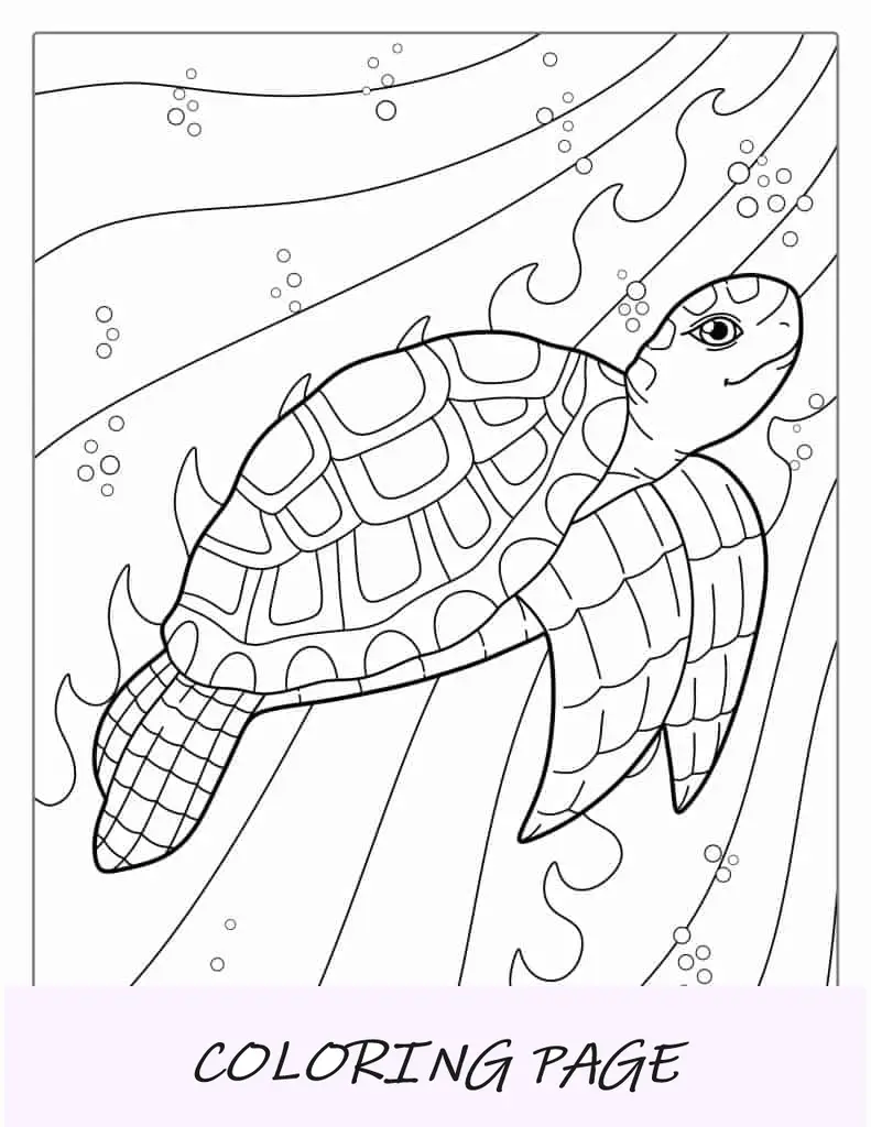Folha para colorir de tartaruga nadando no oceano
