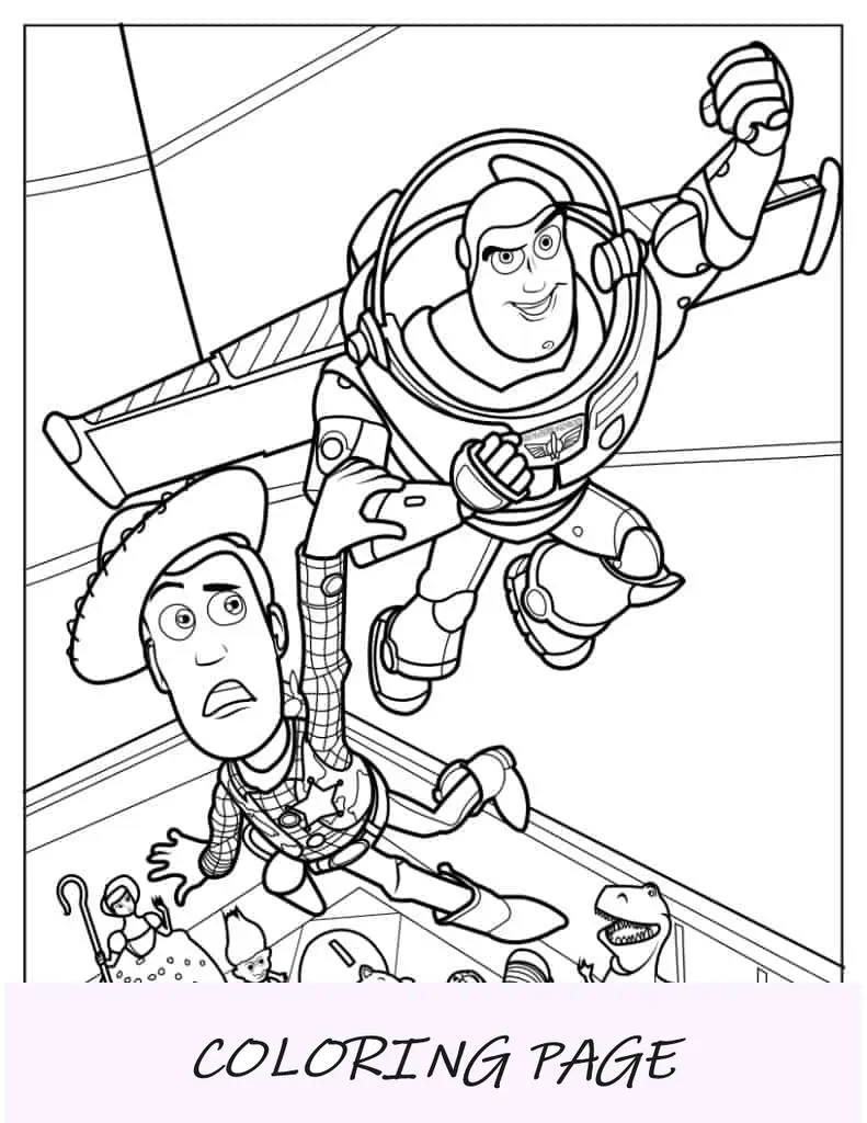 Buzz Lightyear volando con Woody asustado en Toy Story