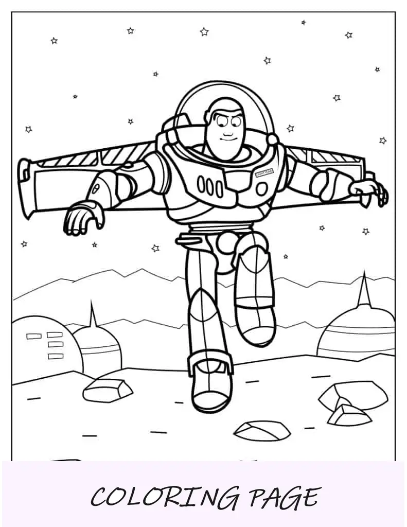 Hoja para colorear de Buzz Lightyear balanceándose en el espacio para niños en edad preescolar