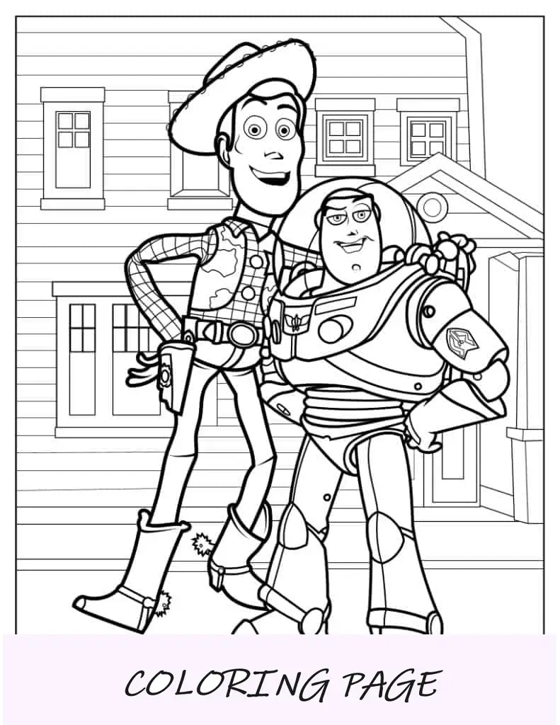 Woody y Buzz Lightyear parados frente a una casa de muñecas para colorear