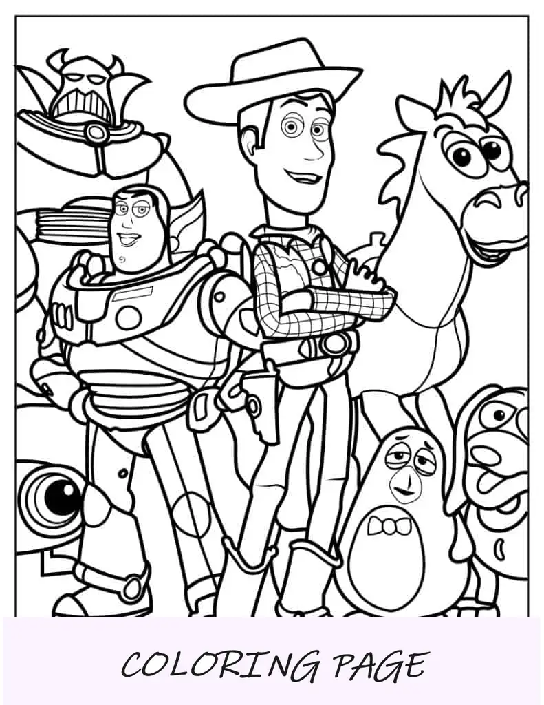 Hoja para colorear de Buzz Lightyear, Woody y Toy Story Friends